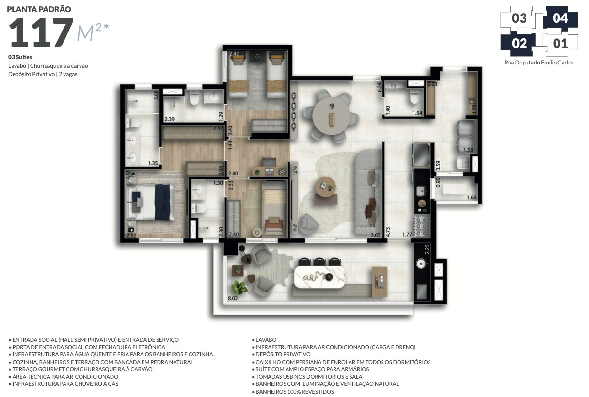 Planta — Apartamento 3 suítes