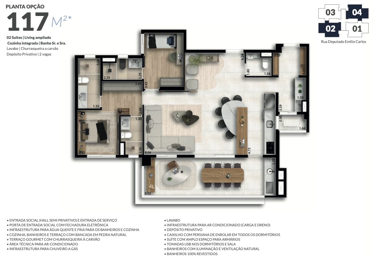 Planta — Apartamento 2 suítes e Sala Ampliada