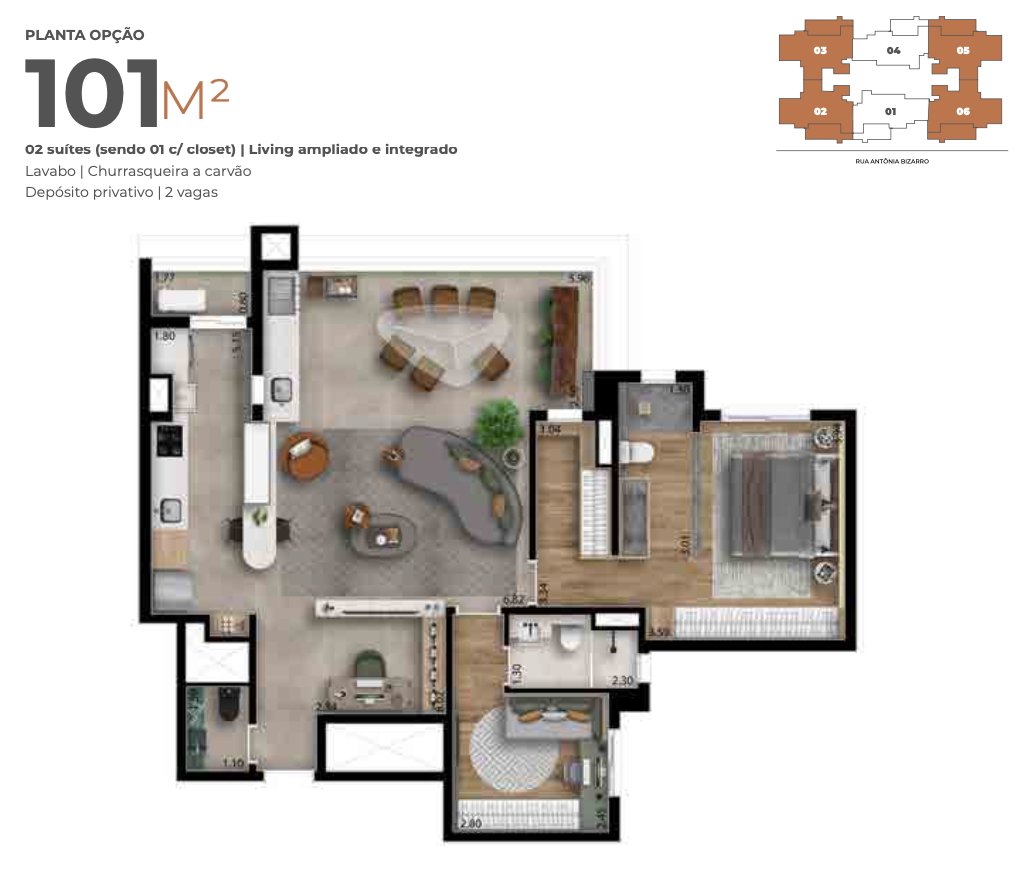 Planta — Apartamento 2 suítes e sala ampliada